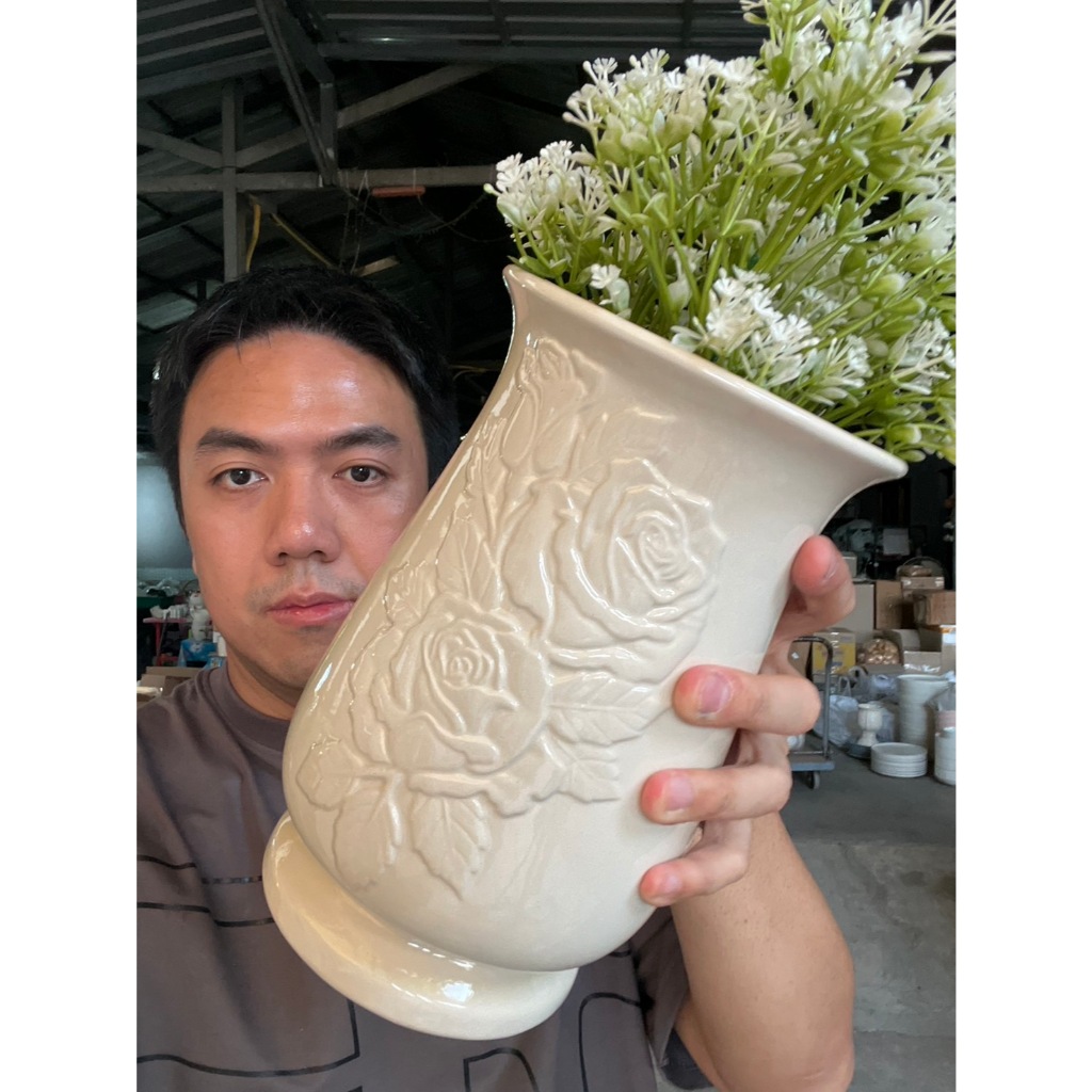 แจกันจัดดอกไม้ ขนาดสูง9x6นิ้ว สีขาวล้วน ลายดอกไม้2 stoneware เนื้อสโตนแวร์ ออกใบกำกับภาษีได้ รหัสkornz4868_2