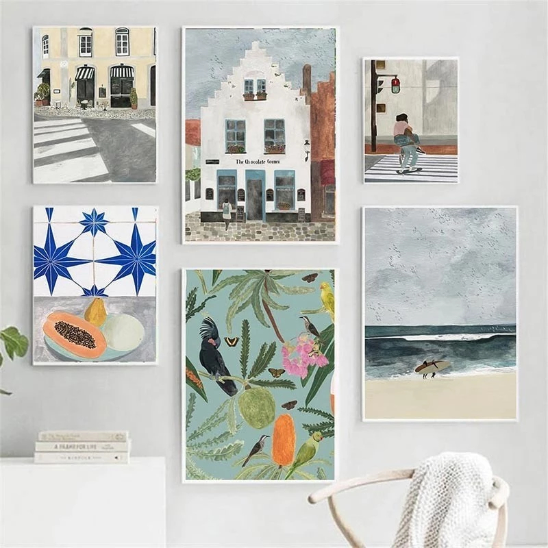(พร้อมส่งจากไทย ภาพรวมกรอบ)ภาพวาดสถาปัตยกรรม Nordic Simple Tropical Art สําหรับตกแต่งผนังบ้าน ห้องนั่งเล่น