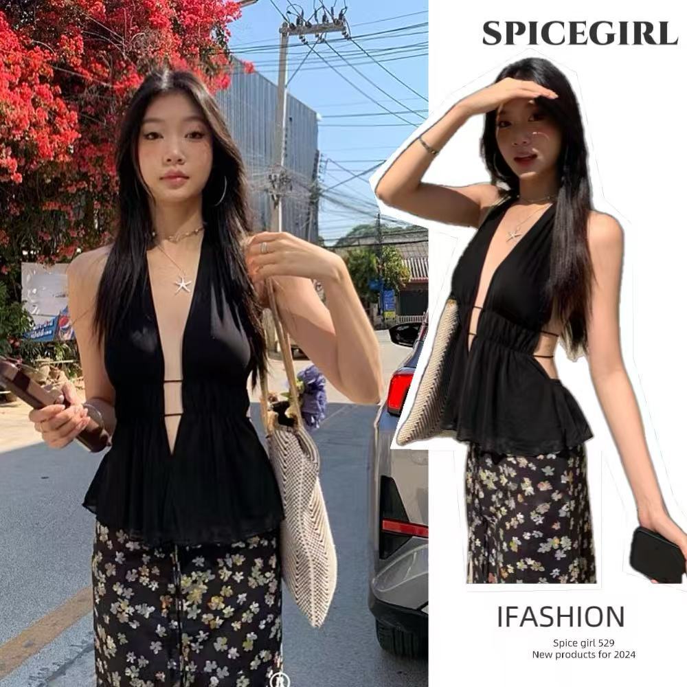 ❣️Spice Girl❣️พร้อมส่งไทย  เสื้อคอวีลึกสีดำ สำหรับผู้หญิง เซ็กซี่สุดฮอต ชุดไปทะเล สำหรับผู้หญิง ใส่ในวันหยุด