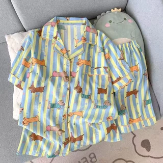 🎀ชุดนอนผ้าไหมญี่ปุ่น🎀 ชุดนอนแฟชั่น เสื้อแขนสั้น กางเกงขาสั้น ลายการ์ตูนน่ารัก ผ้านุ่มเกรดพรีเมียมr