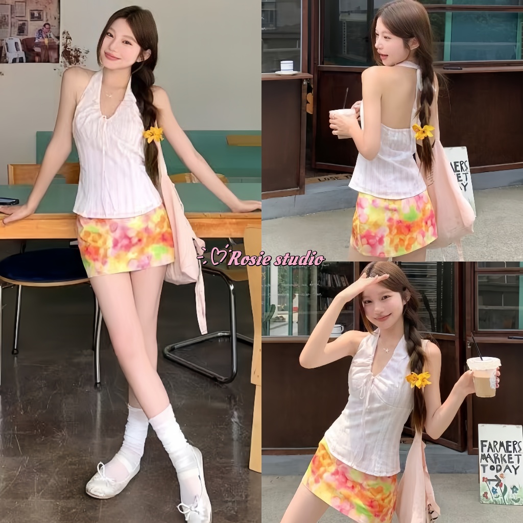 Rosie พร้อมส่ง💗เสื้อสายเดี่ยวคล้องคอผ้าลายลินินคอวี  ใส่แล้วหุ่นสวย ลําลอง สําหรับผู้หญิงผูกโบว์หลังเสื้อคอรอปทรงเข้ารู