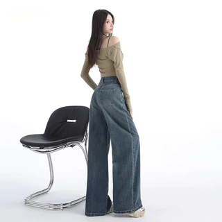 S-5XL สุภาพสตรีกางเกงยีนส์หลวมสบายๆเอวสูงตรงขนาดใหญ่ย้อนยุคสีฟ้า