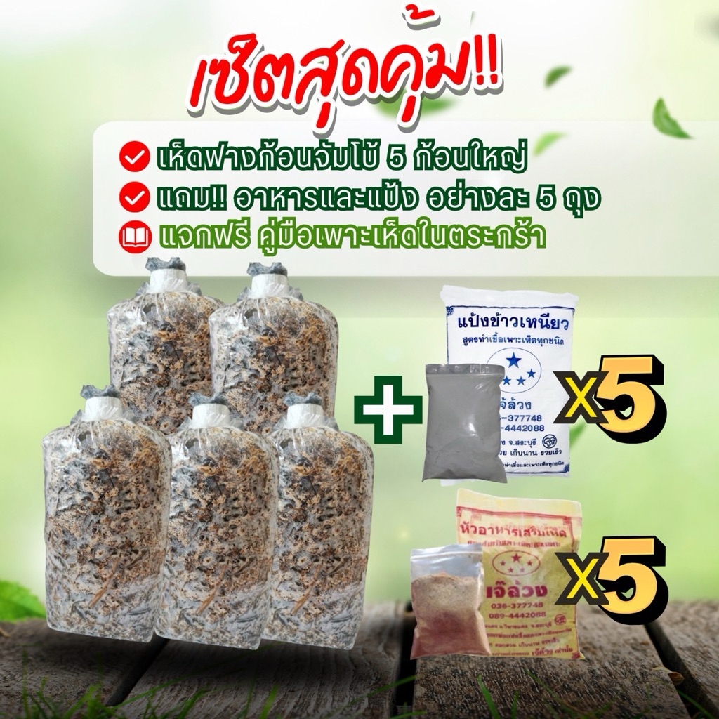 เชื้อเห็ดฟาง เห็ดฟาง 5 ก้อน+อาหารเสริมเห็ด 5 ถุง+แป้งข้าวเหนียว 5 ถุง
