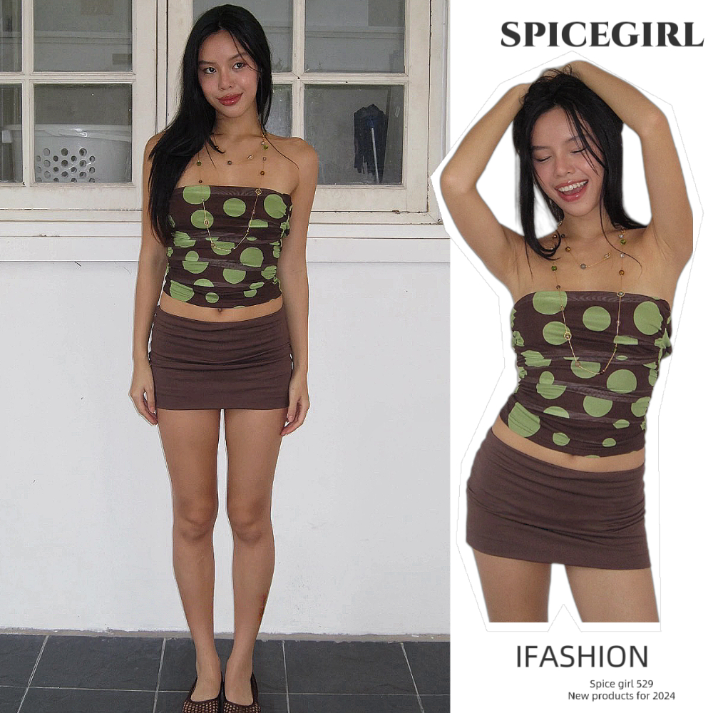 🎄Spice girl🎄เสื้อเกาะอก จุดสีเขียว+กระโปรงสั้นสีน้ำตาล ผ้าตาข่าย น่ารักสดใส สีสดใส ใส่สบาย แฟชั่นผู้หญิง ออลแมตช์