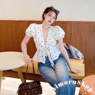 🔥aimorn_shop🔥เสื้อผูกหน้า มีเชือกผูกโบว์ปรับเอง ทรงแขนตุ๊กตา งานสวยแซ่บมาก ดีเทลลายจุดกำลังฮิตมาแรง