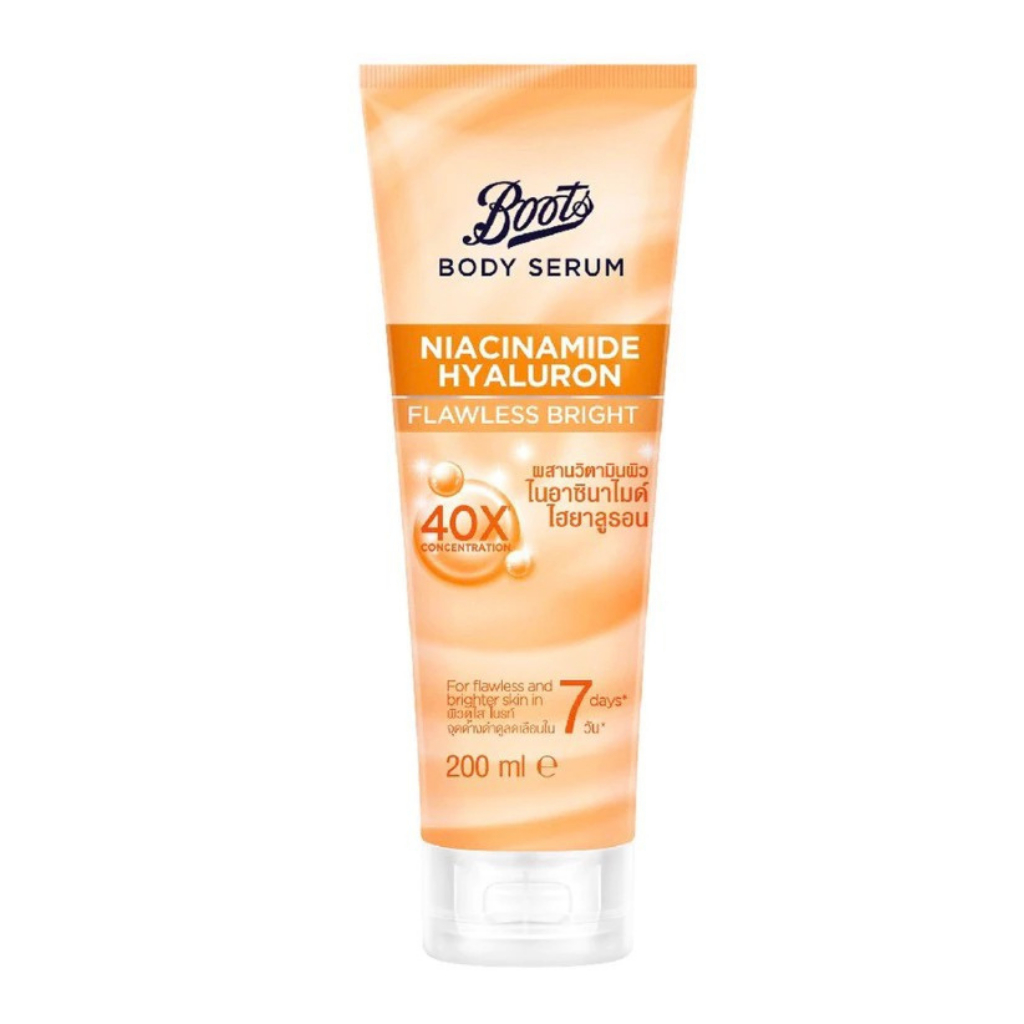 Boots บู๊ทส์ Body Serum Niacinamide Hyaluron Flawless Bright บอดี้ ซีรั่ม ไนอาซินาไมด์ ไฮยาลูรอน ฟลอเลส ไบรท์ 200ม