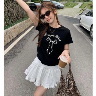 G01-09 เสื้อยืดสีดำ แขนสั้นพิมพ์ลายโบว์ดำ สุดน่ารัก แนวเกาหลี หลายไซส์ ผ้านิ่มสวมใส่สบาย ใส่ได้ทุกโอกาส ราคาถูก