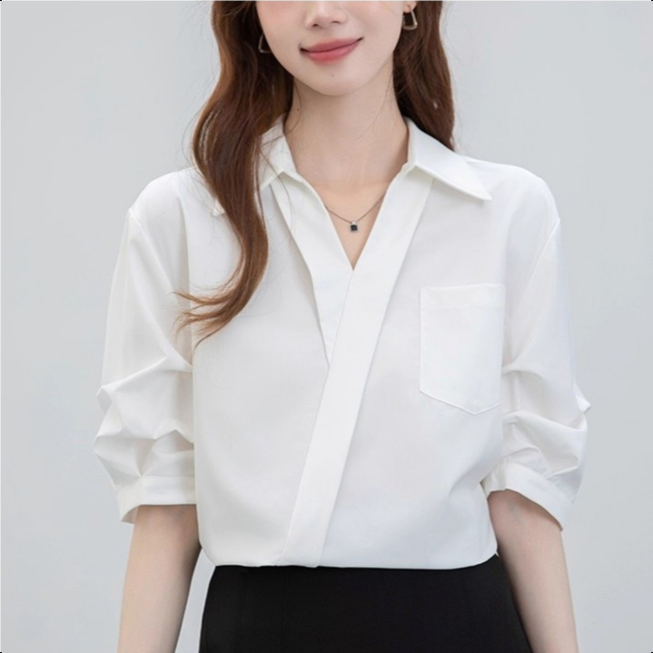 S-2XL สไตล์เกาหลีสีทึบแขนสั้นเสื้อลำลองเสื้ออาชีพ เสื้อคอวี
