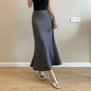 Bived S-6XL กระโปรงยาวผู้หญิง เอวสูง กระโปรงทรงหางปลา ผ้าบาง กระโปรงทรงเอ ขอบเอวซิป