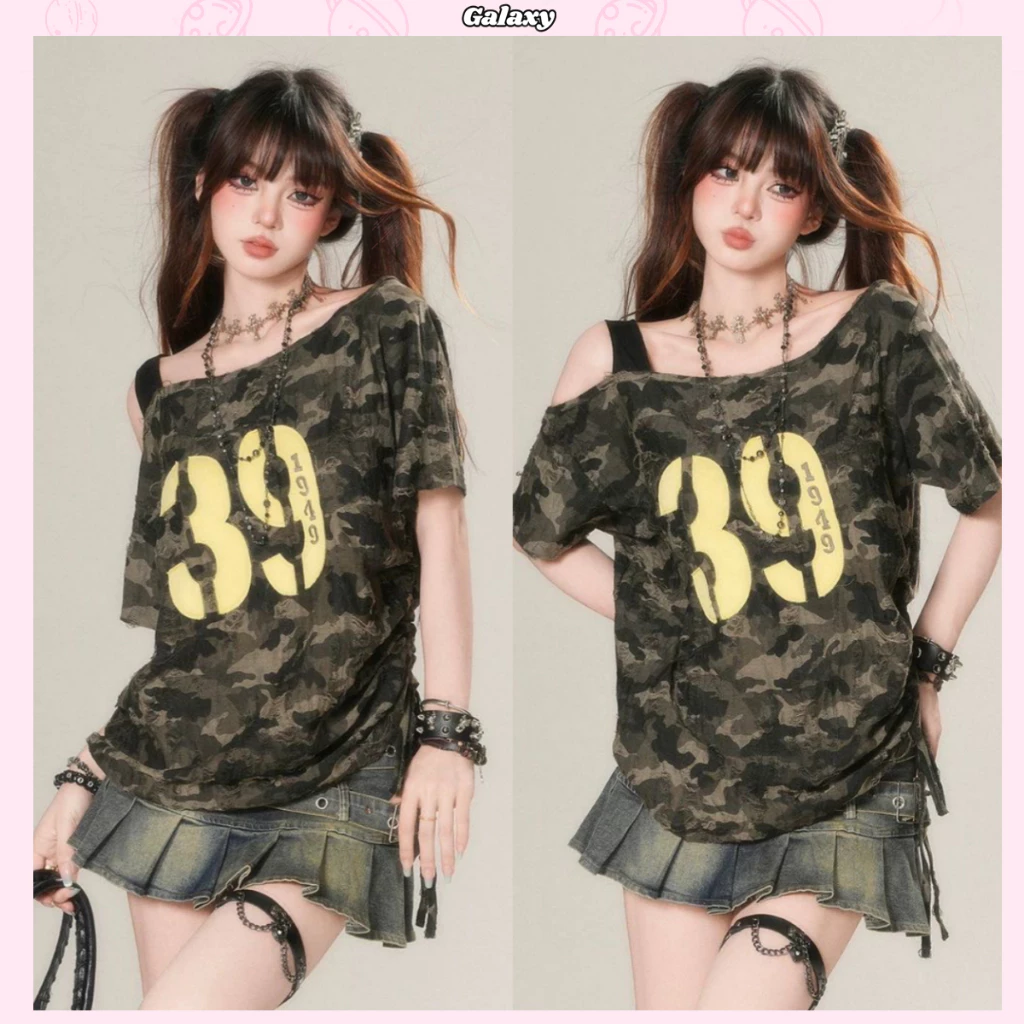 เสื้อยืดผู้หญิง เสื้อยืดลายทหาร รูดเชือกด้านข้าง ปาดไหล่ มีสายเดี่ยว ทรงหลวม #020343
