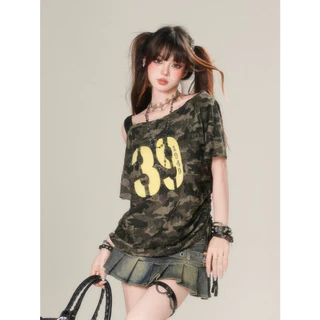 เสื้อยืดผู้หญิง เสื้อยืดลายทหาร รูดเชือกด้านข้าง ปาดไหล่ มีสายเดี่ยว ทรงหลวม #020343