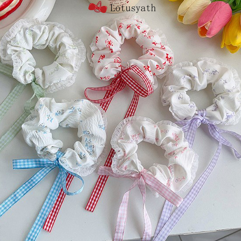 ริบบิ้นยางลายสก็อต เชือกคาดผมลำไส้ใหญ่ลูกไม้ผูกโบว์  หางม้าสูงที่ประดับศีรษะน่ารัก