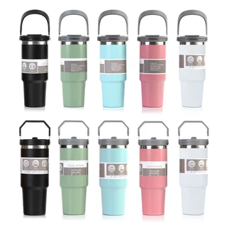 แก้วสแตนเลสของแท้ เก็บอุณหภูมิร้อนและเย็น มีหูหิ้วมีหลอด 900ML 30oz เก็บเย็น-ร้อนได้นาน