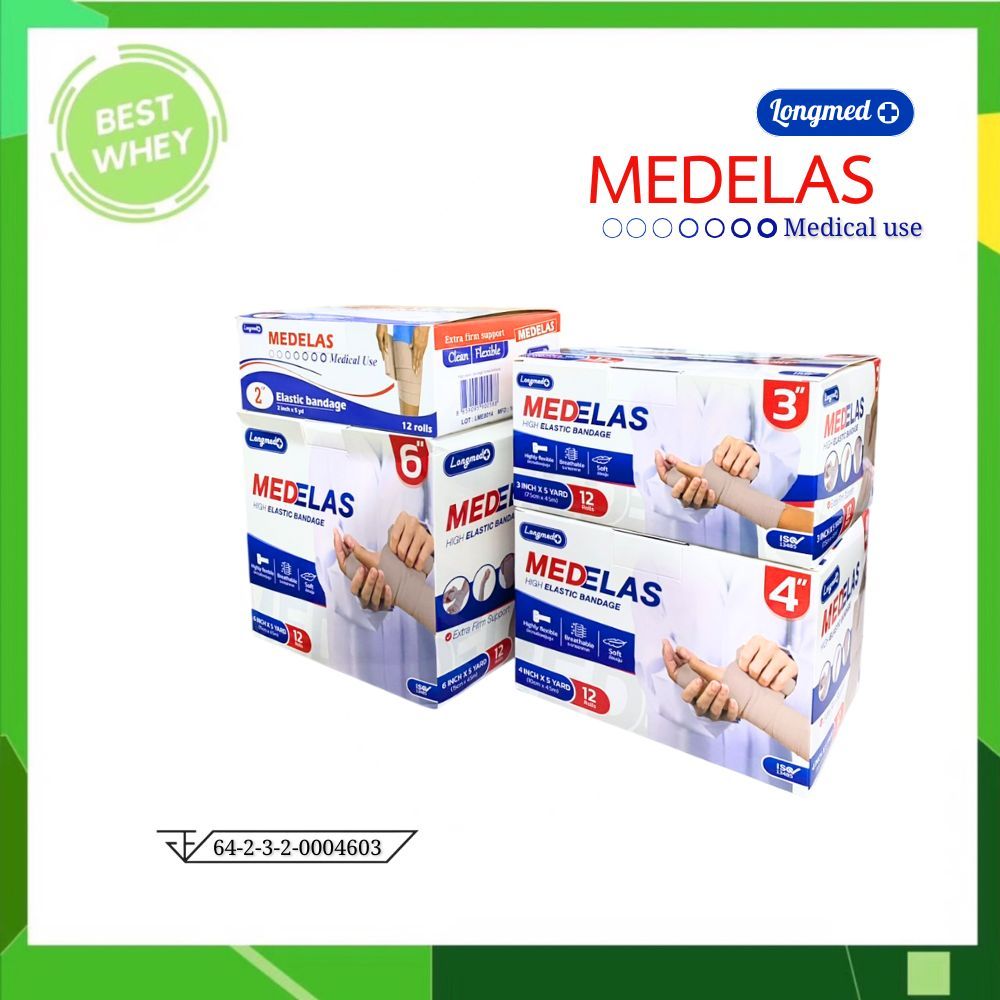 [ ยกกล่อง 12 ม้วน ] Longmed Medelas Elastic Bandage  ผ้าพันบรรเทาอาการบวม  ขนาด 2 / 3 / 4 / 6 นิ้ว