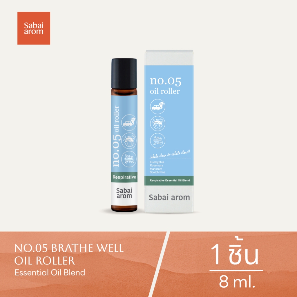 Sabaiarom NO.5 Breathe Well ลูกกลิ้งน้ำมันหอมระเหย Essential Oil Roller 8ml.น้ำมันอโรม่า เพื่อความโป