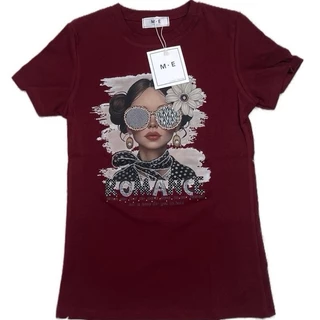 เสื้อยืดคอกลมแขนสั้น รีดเพชรลายผู้หญิงใส่แว่นดอกไม้ทัดหู ป้าย ME