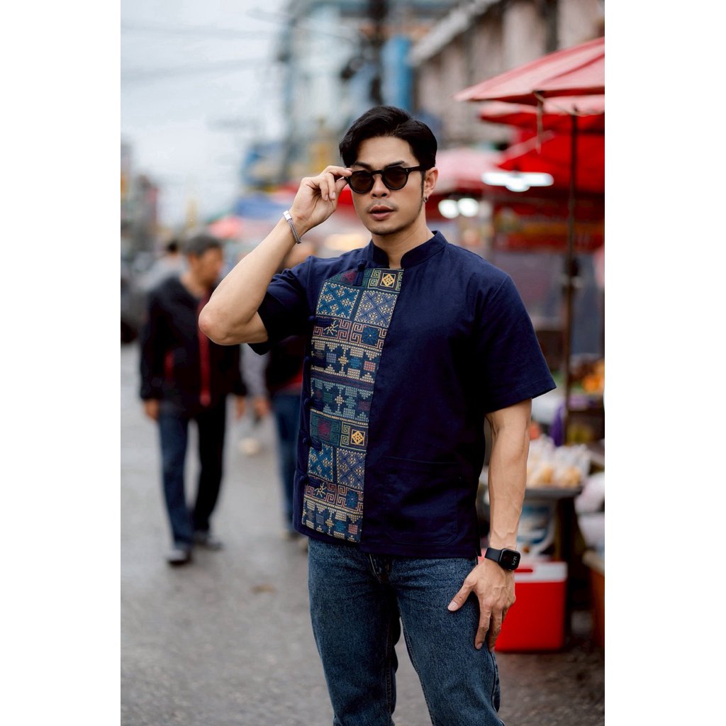 เสื้อผ้าแฟชั่น ผ้าฝ้ายฟอกนุ่มสีกรมประดับผ้าทอลายไทลื้อ no.30กรมไทลื้อผ้าทอ