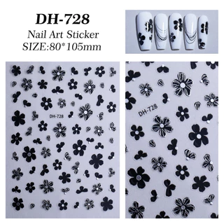 สติกเกอร์ติดเล็บลายดอกไม้ขาวดำ แบบ 3D แผ่นละ 9 บาท สินค้าพร้อมส่ง