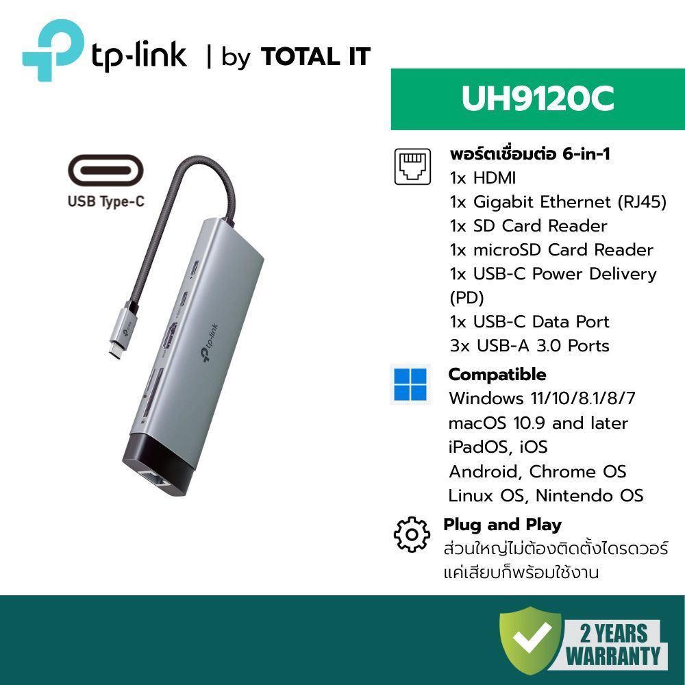 USB C Hub 9-in-1 TP-Link UH9120C อะลูมิเนียม 4K@60Hz 100W PD HDMI LAN SD Card Reader ประกันศูนย์