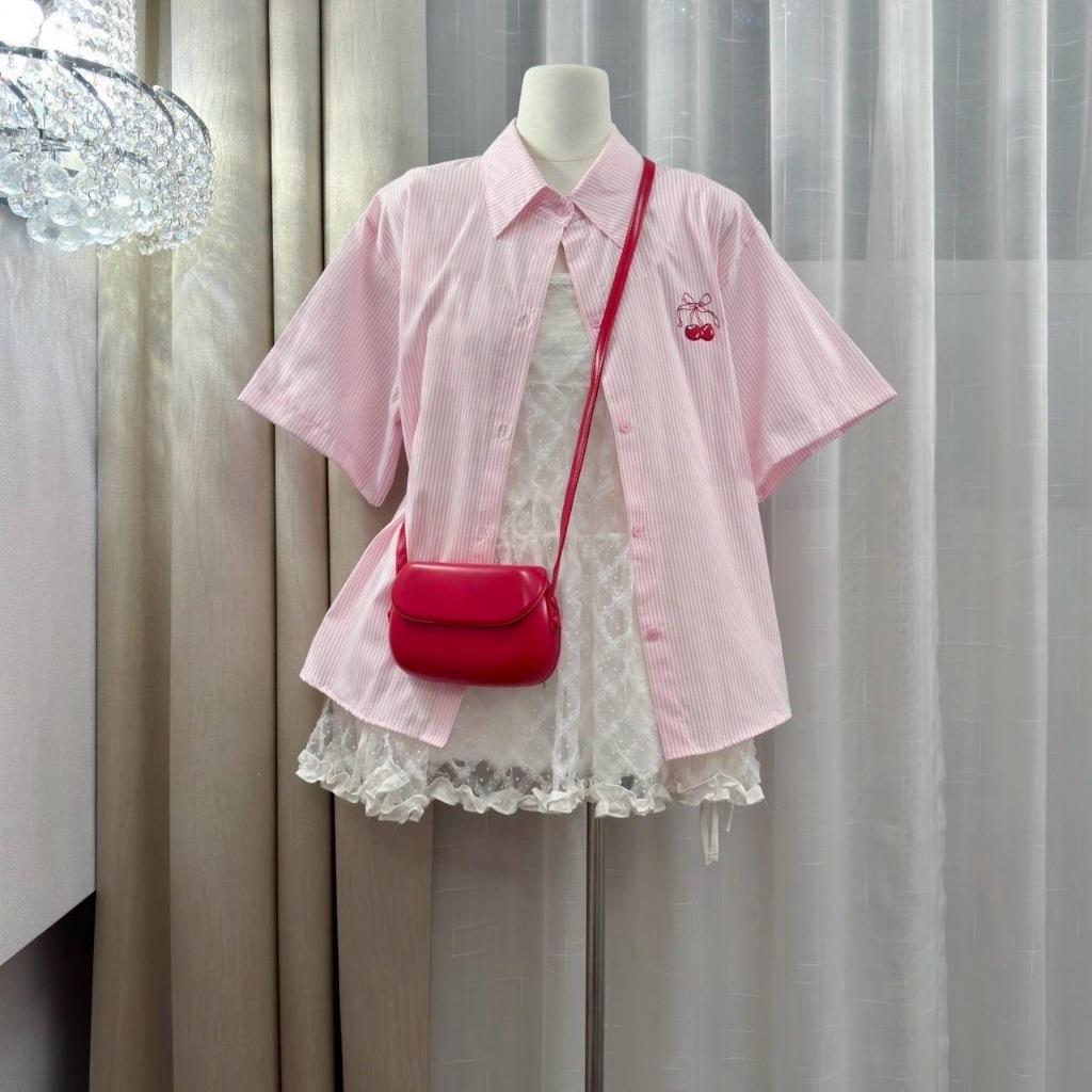 Acasey เสื้อเชิ้ตแขนสั้น ปักลายเชอรี่ ใหญ่ อก 44นิ้ว รูปที่ 4