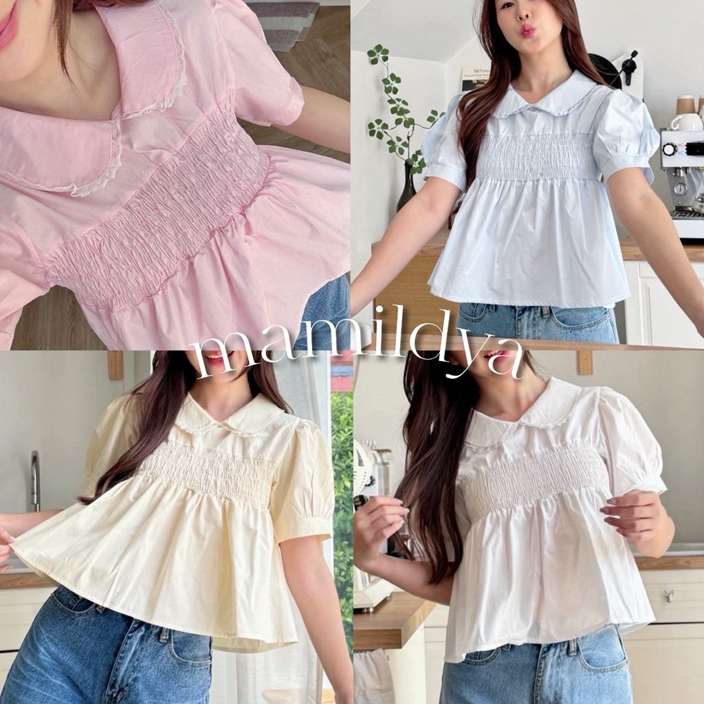 🌟Mamildya.shop🌟 เสื้อคอบัวแต่งขอบลูกไม้  ผ้าคอตตอนเนื้อนิ่มหนา/ H2-4/COOK-บัวย่น⚫