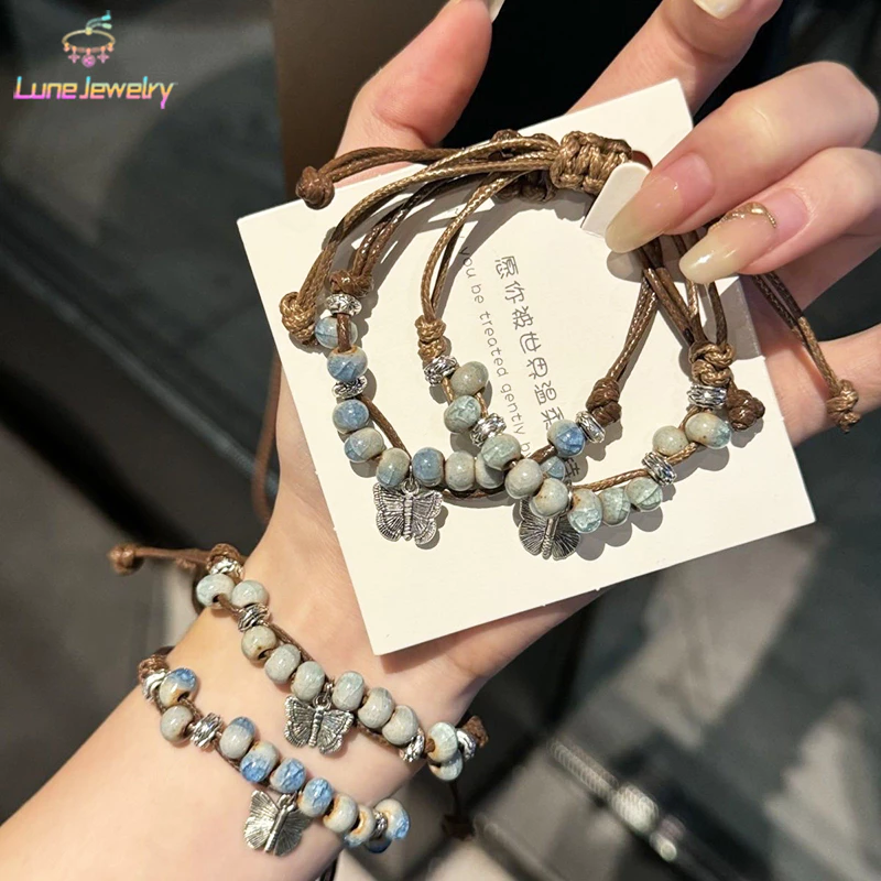 สร้อยข้อมือผีเสื้อถักลูกปัดเซรามิกสไตล์จีนย้อนยุค ปรับขนาดได้