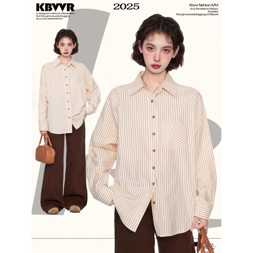 2025 เสื้อเชิ้ตลายทางแนวตั้งใหม่เสื้อแขนยาวเสื้อเชิ้ตฝรั่งเศสเทรนด์คาร์ดิแกนด้านบน Moonlite.th