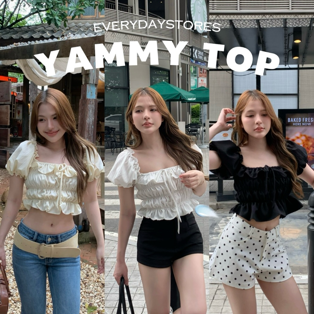 𝐘𝐮𝐦𝐦𝐲 𝐭𝐨𝐩 เสื้อผ้าไหมอิตาลี่ สม็อครอบตัว พองตุ๊กตา สุดน่ารัก อกแต่งย่นยืดได้ฟรีไซส์