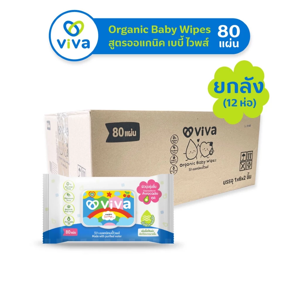 ViVa x Happy Sunday วีว่า Organic Baby Wipes 80 แผ่น ทิชชู่เปียก ผ้าเปียก สูตรออแกนิค ยกลัง 1X12