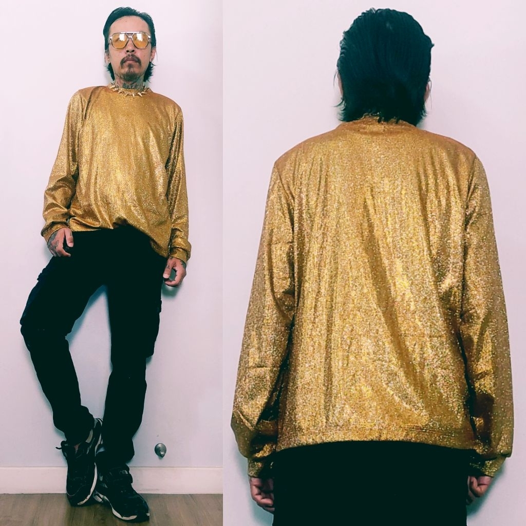 เสื้อเมทัลลิคคอกลมแขนยาวผ้ากากเพชร เสื้อเลื่อมสีดำแขนยาวสำหรับผู้ชาย(สินค้าในไทย🇨🇷) - รูปที่ 3