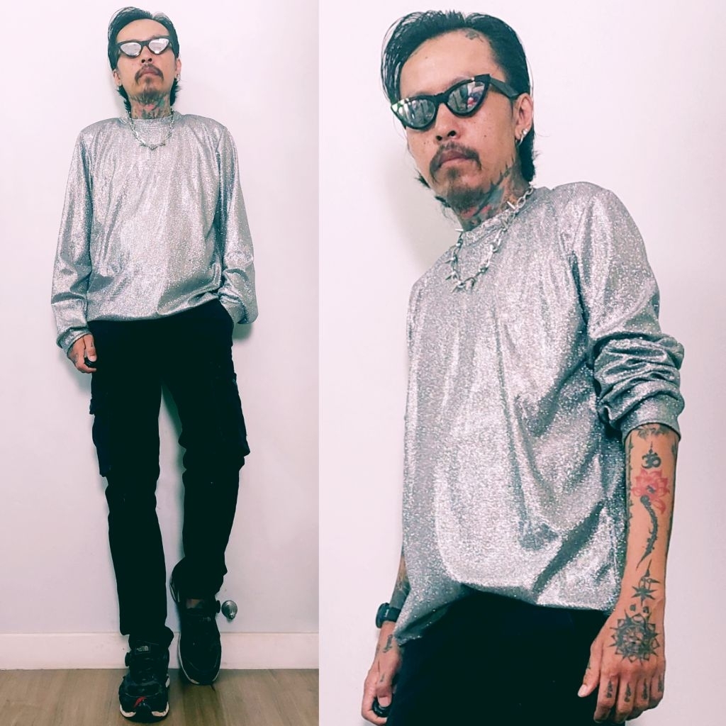 เสื้อเมทัลลิคคอกลมแขนยาวผ้ากากเพชร เสื้อเลื่อมสีดำแขนยาวสำหรับผู้ชาย(สินค้าในไทย🇨🇷) - รูปที่ 2