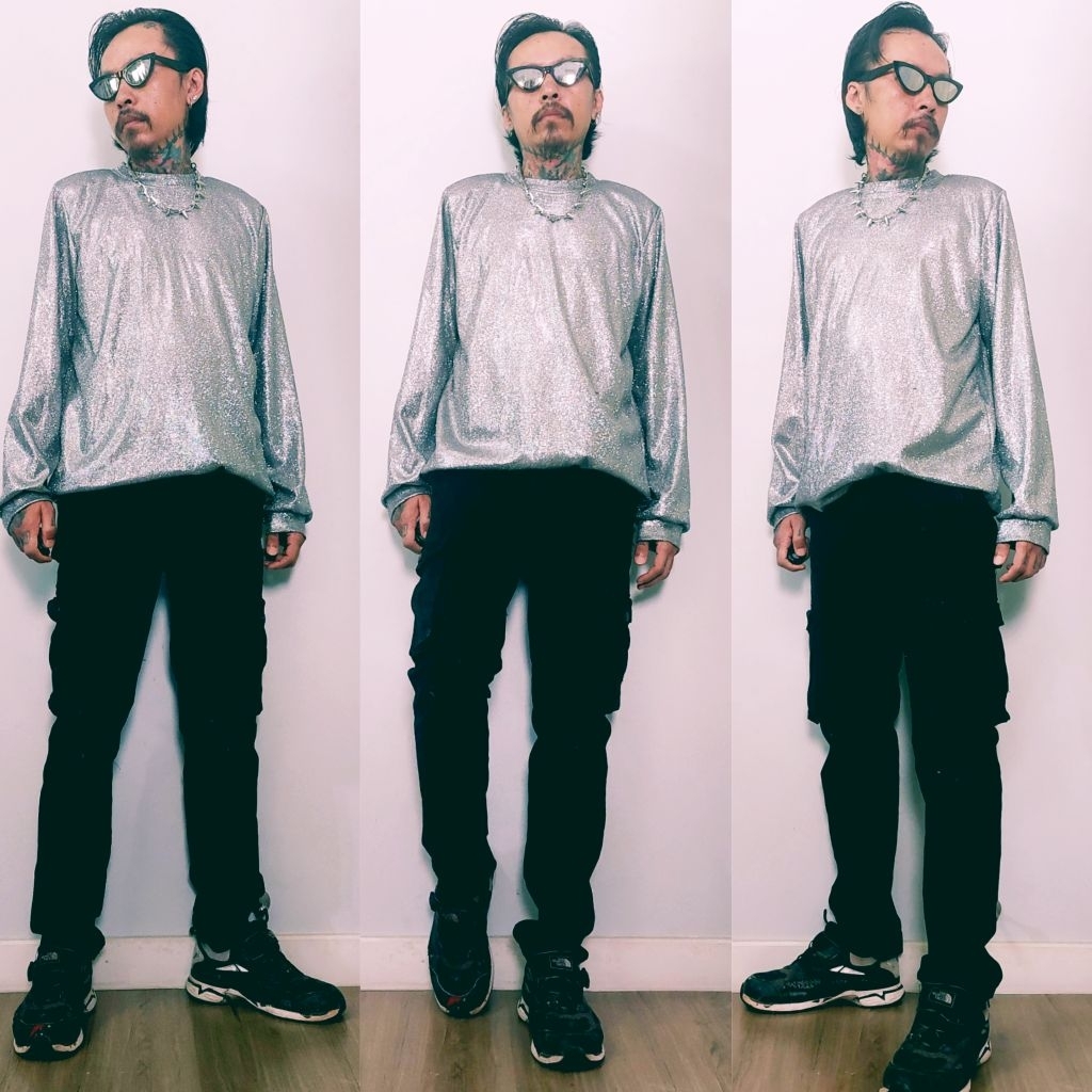 เสื้อเมทัลลิคคอกลมแขนยาวผ้ากากเพชร เสื้อเลื่อมสีดำแขนยาวสำหรับผู้ชาย(สินค้าในไทย🇨🇷) - รูปที่ 6