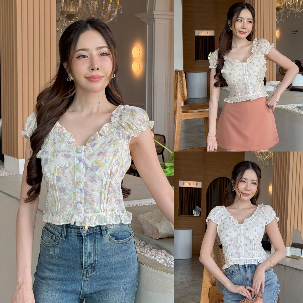 [S-4XL] เสื้อครอปน่ารักผ้าชีฟองปักดอกสม็อคหลังกระดุมปั้ม