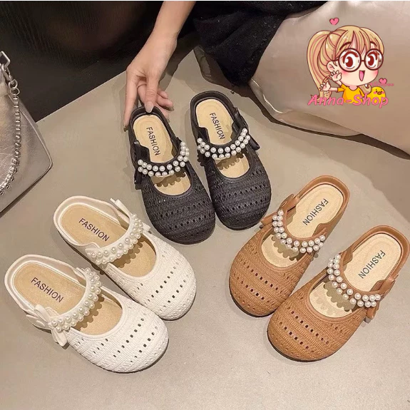 Anna shop มาใหม่ รองเท้าคัทชู ดีไซน์สวย แบบสวม เสริมส้นต่ำ ตกแต่งไข่มุก สินค้าพร้อมส่งจากประเทศไทย T369