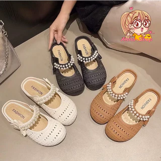 Anna shop มาใหม่ รองเท้าคัทชู ดีไซน์สวย แบบสวม เสริมส้นต่ำ ตกแต่งไข่มุก สินค้าพร้อมส่งจากประเทศไทย T369