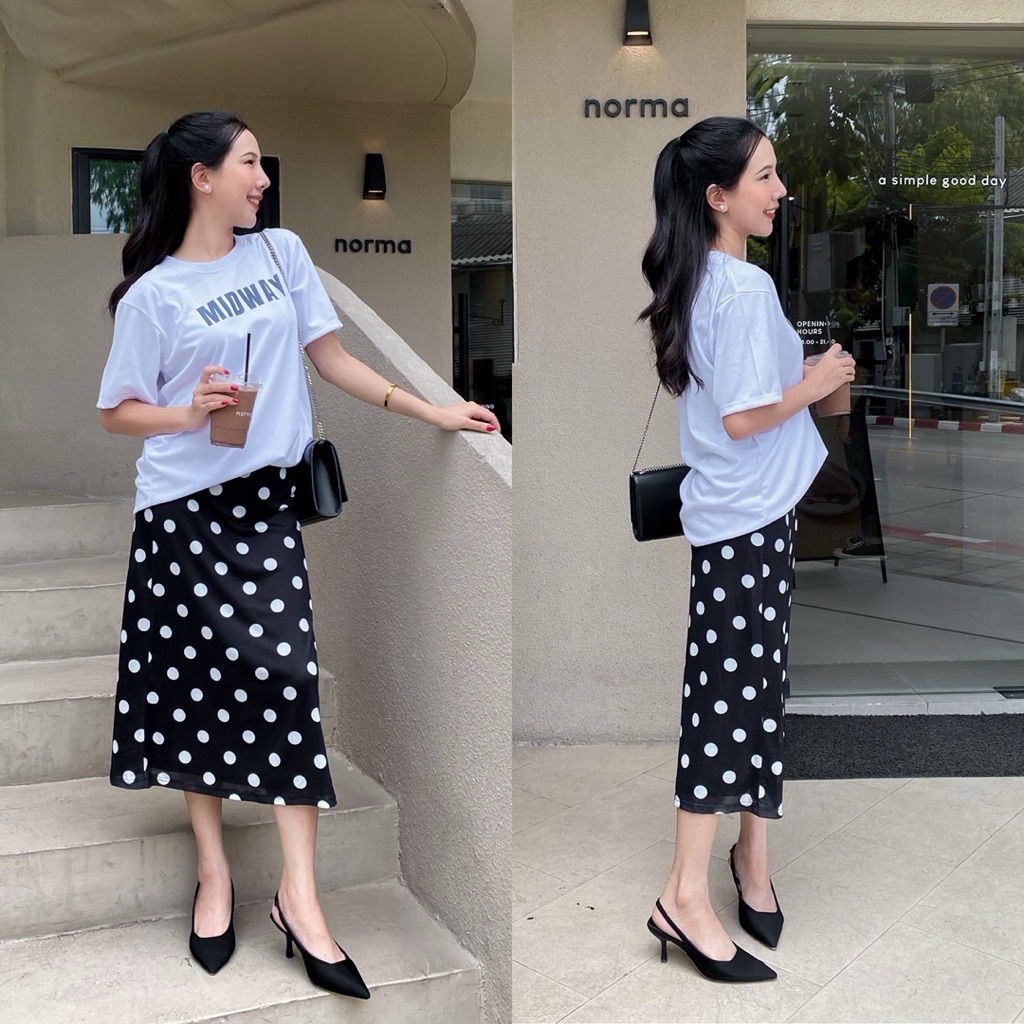 MIDWAY Polka Midi ກະໂປງຍາວລາຍຈຸດ ຜ້າຊີທີຣູ (Sheer)