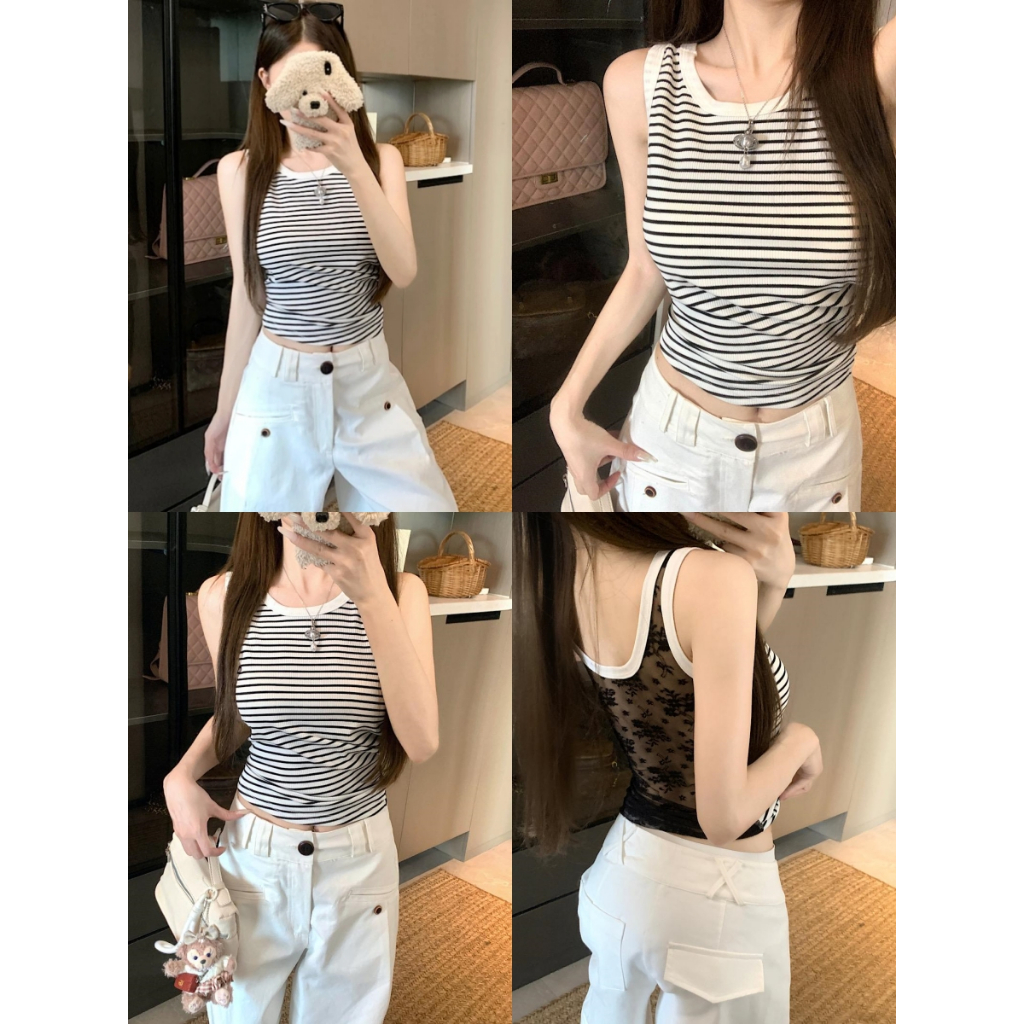 เสื้อกล้าม เสื้อครอป ผ้ายืดได้ ใส่เย็นสบาย งานจีบด้านข้าง โชว์เอว #22362