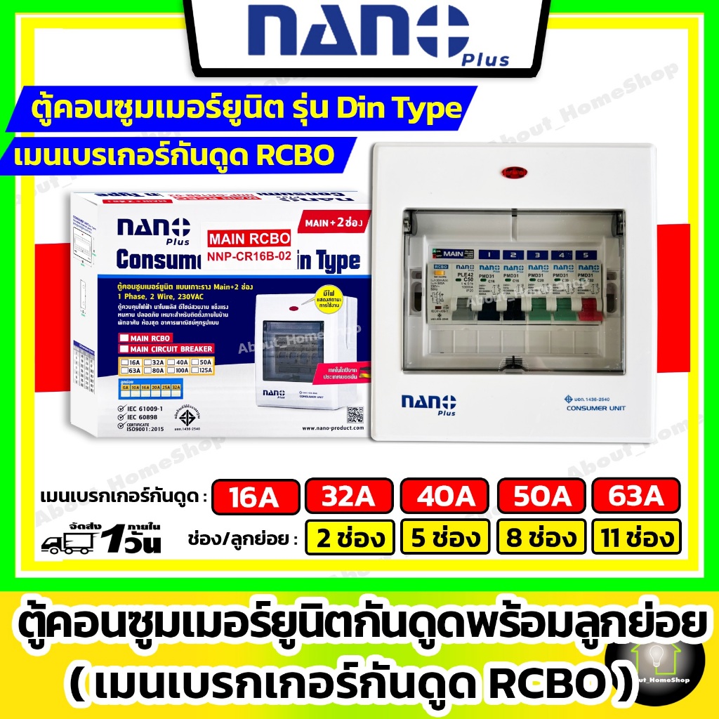 Nano NANO Plus ตู้คอนซูมเมอร์ 2/5/8/11 ช่อง พร้อมเมนกันดูด RCBO + ลูกย่อย แบบเกาะราง
