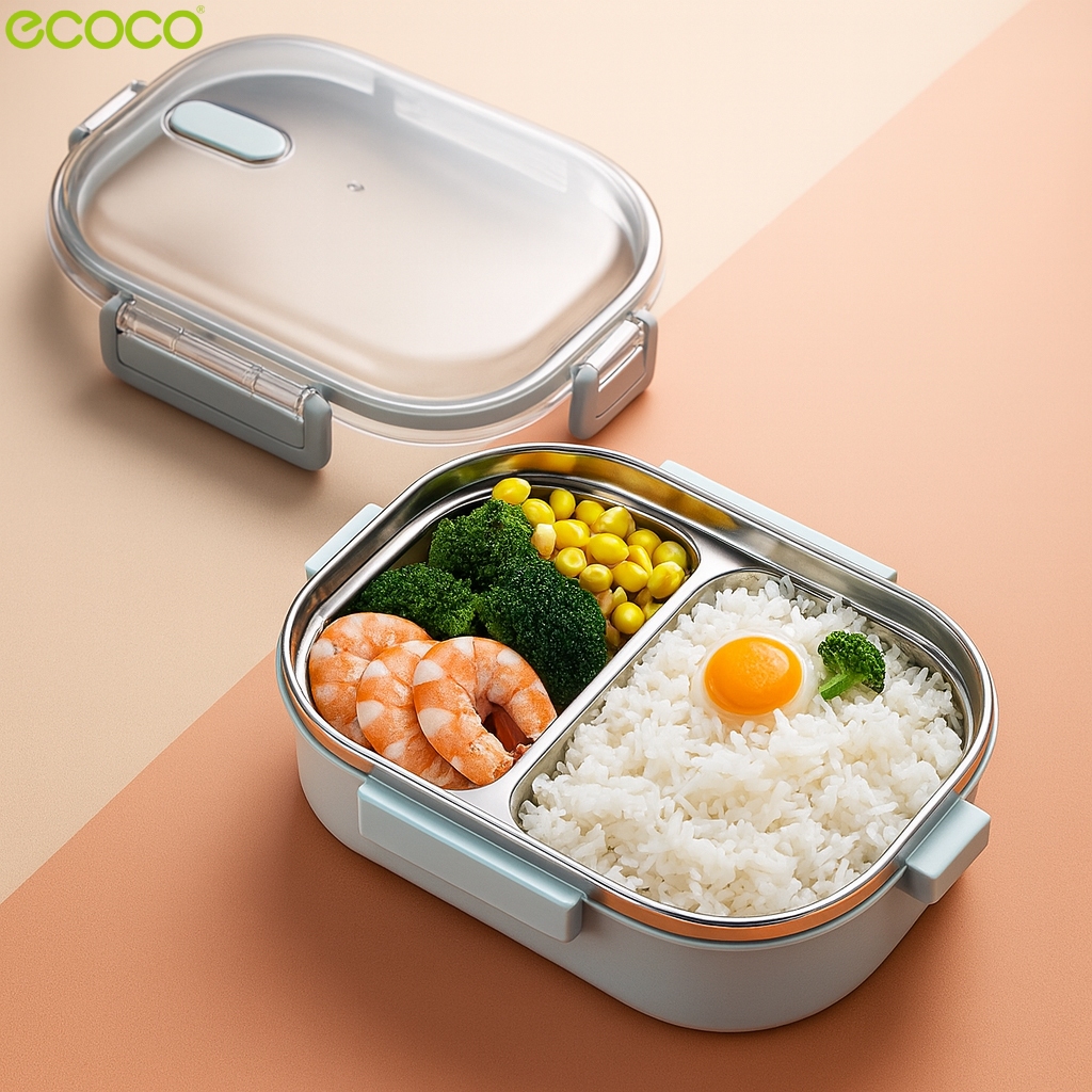Ecoco กล่องข้าวไมโครเวฟ 2 ช่อง มีฝาล็อคแน่น ด้านในเป็นสแตนเลส กล่องอาหารกลางวัน ใส่อาหาร ถนอมอาหาร