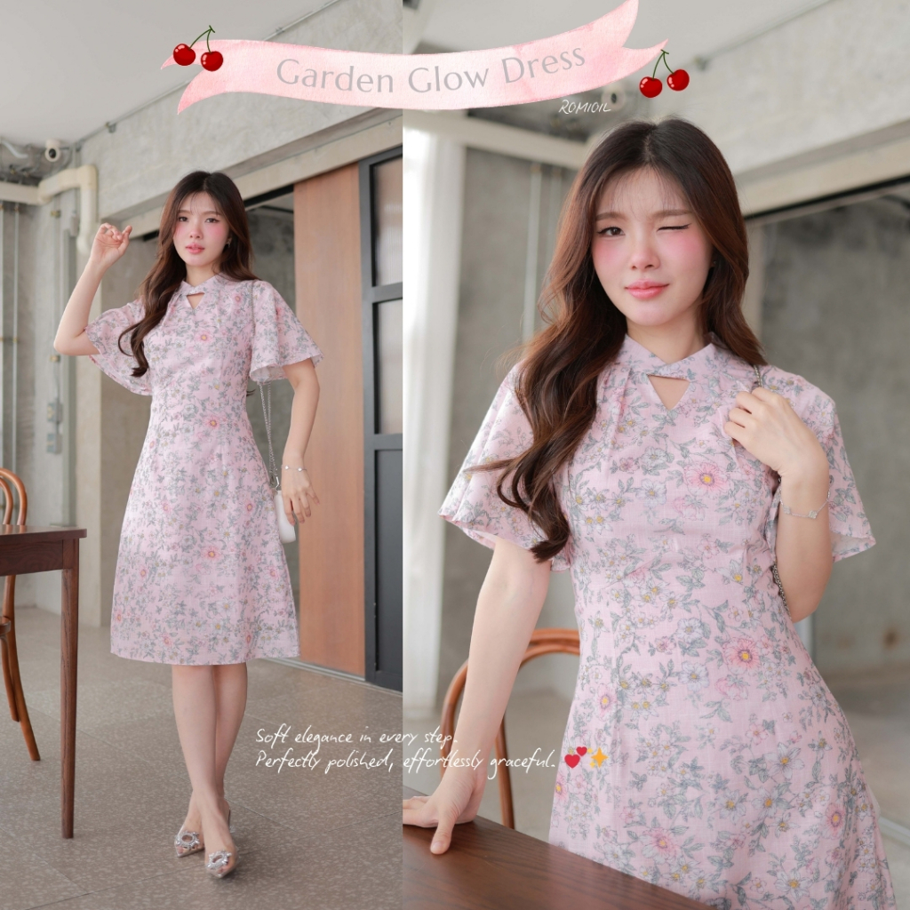 "Romi"Oil" Garden Glow Dress (Pink) K276 ชุดเดรสสีชมพู (คอสามเหลี่ยมแขนระบาย)