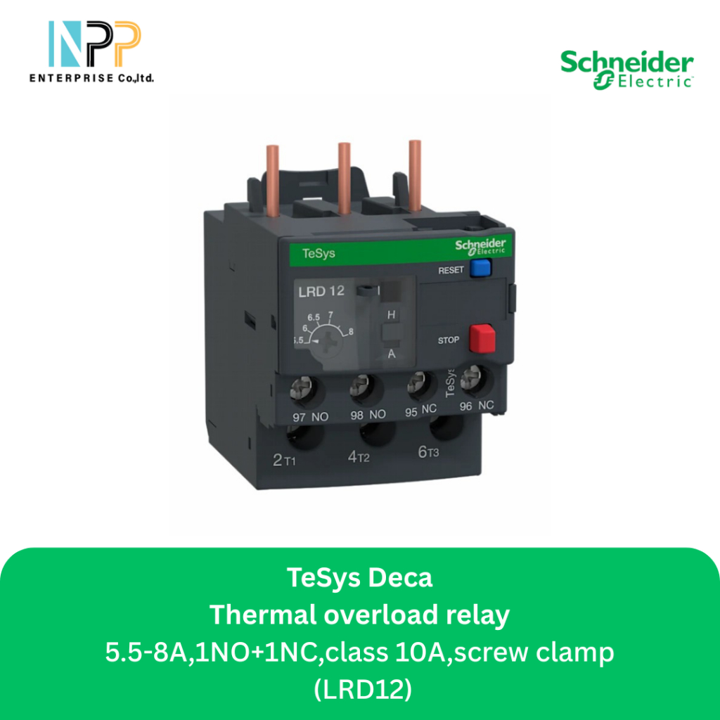Thermal overload relay,TeSys Deca,5.5-8A,1NO+1NC,class 10A,screw clamp (LRD12)