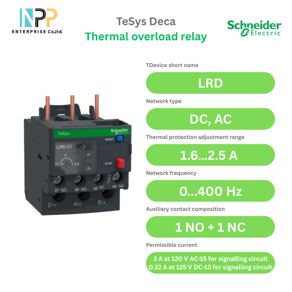 Thermal overload relay, TeSys Deca, 690VAC, 1.6 to 2.5A, 1NO+1NC, class 10A, screw clamp (LRD07)