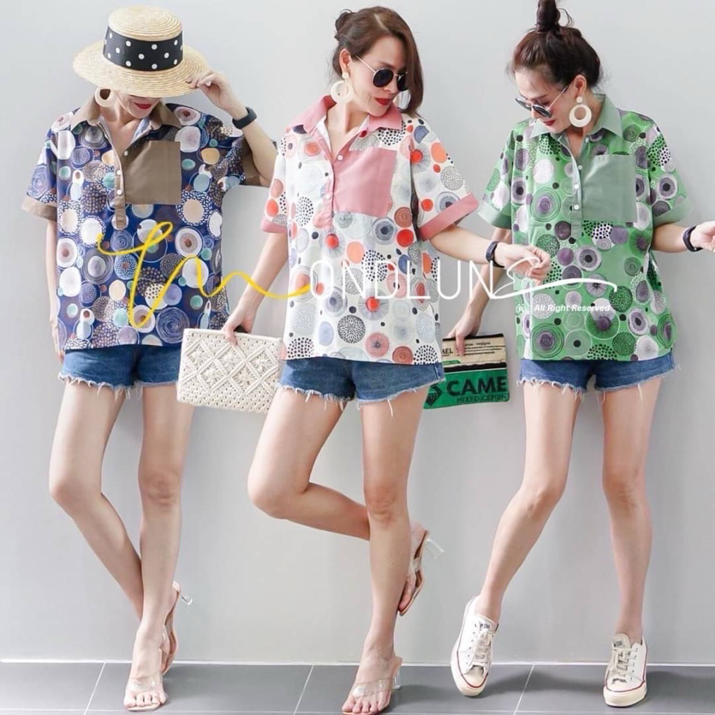 NADA133 เสื้อเบลาส์ คอปกเฃิ้ต เเขนสั้น งานตัดเเต่งต่อพื้นสี มีกระเป๋าใช้ได้จริง( fabri