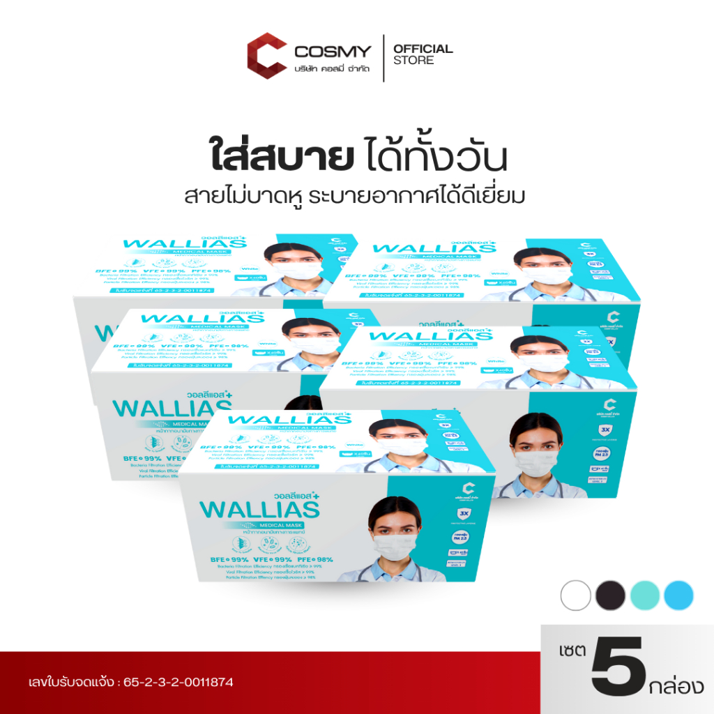 【5กล่อง】หน้ากากอนามัยทางการเเพทย์ Wallias หนา 3 ชั้น ป้องกัน ฝุ่น PM2.5 ไวรัส แบคทีเรีย 99% Medical Mask