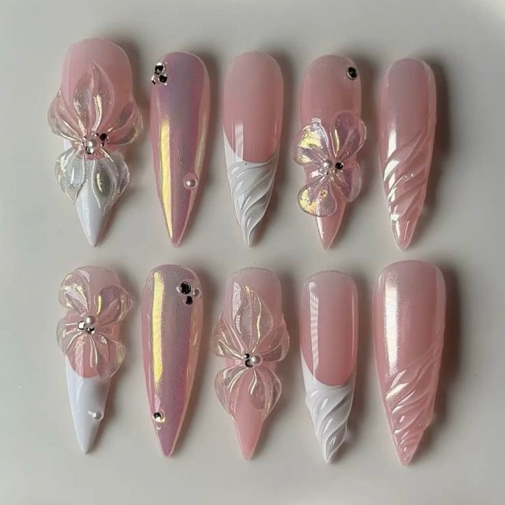 80เล็บเจลแท้ เฟรนช์ปลายขาวปั้นดอกขัดมุก🤍🌸 พร้อมส่ง🚚
