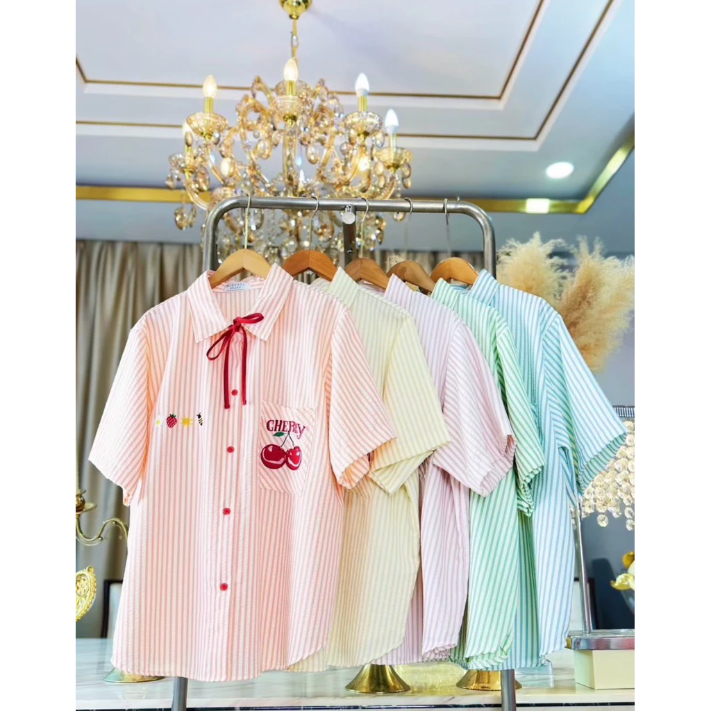 (อก 50“) เสื้อเชิ้ตแขนสั้น >>ปักเชอร์รี่<< 🍒 **ผ้า bubble 🌈