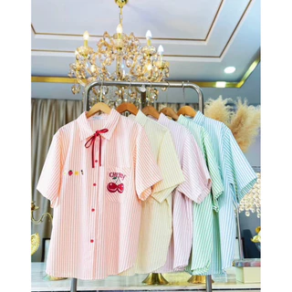 (อก 50“) เสื้อเชิ้ตแขนสั้น >>ปักเชอร์รี่<< 🍒 **ผ้า bubble 🌈