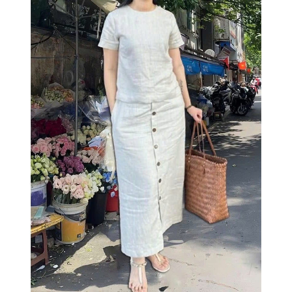 ชุดเซตกระโปรงผ้าฝ้ายผสมลินิน ผ้าใส่สบาย ตัดโดยช่างไทยโรงงานไทย