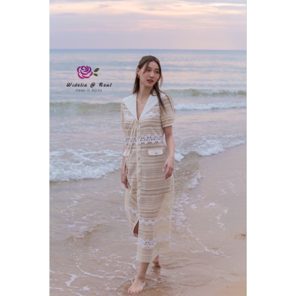 ราคาเต็ม 1690 บาท widelia@real cop janesuda ลูกไม้ ผ้าฝ้าย ขาว ครีม เดรสยาว มือสอง sz.L