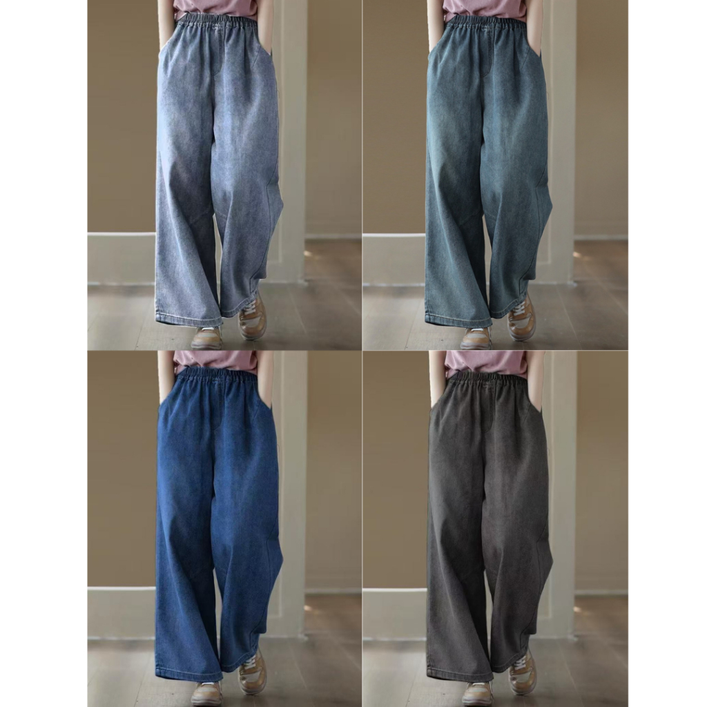 กางเกงยีนส์ขายาว S-10XL เอวสม็อค กางเกงยีนส์ทรงกระบอก